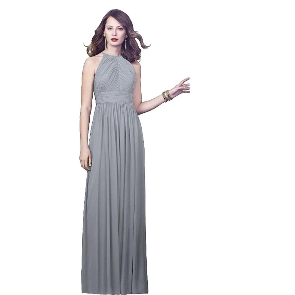 Dessy Collection Dress Sz 4 Halter Maxi Gown Prom Grey Shirred Chiffon Open Back